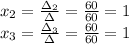 x_2=\frac{\Delta_2}{\Delta}=\frac{60}{60}=1\\x_3=\frac{\Delta_3}{\Delta}=\frac{60}{60}=1