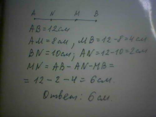 На отрезке ав взяты точки м и n. известно,что ав=12 см, ам=8 см, вn 10 см. найдите длину отрезка мn.