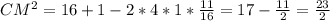 CM^{2}= 16+1-2*4*1* \frac{11}{16}=17- \frac{11}{2}= \frac{23}{2}