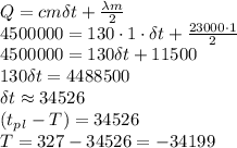 Q=cm\delta t+ \frac{\lambda m}{2} &#10;\\\&#10;4500000=130\cdot1\cdot \delta t+\frac{23000\cdot 1}{2} &#10;\\\&#10;4500000=130 \delta t+11500&#10;\\\&#10;130 \delta t=4488500&#10;\\\&#10;\delta t\approx34526&#10;\\\&#10;(t_p_l-T)=34526&#10;\\\&#10;T=327-34526=-34199