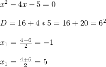 x^2-4x-5=0&#10;\\\\D=16+4*5=16+20=6^2&#10;\\\\x_1=\frac{4-6}{2}=-1&#10;\\\\x_1=\frac{4+6}{2}=5