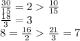 \frac{30}{15}= 2 \frac{10}{15}&#10;\\\&#10; \frac{18}{3}=3&#10;\\\&#10;8= \frac{16}{2} \frac{21}{3} =7