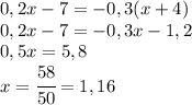 0,2x-7=-0,3(x+4)\\0,2x-7=-0,3x-1,2\\0,5x=5,8\\x=\cfrac{58}{50}=1,16