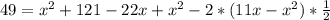 49 = x^{2}+121-22x+x^{2}-2*(11x-x^{2})*\frac{1}{2}