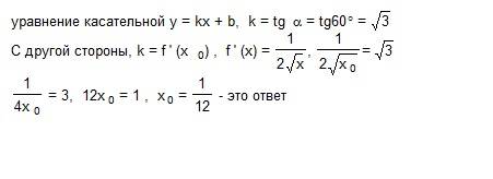 Вкакой точке графика функции f: r⇒r, f(x)=√x, следует провести касательную, чтобы она образовала уго