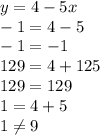 y=4-5x\\-1=4-5\\-1=-1\\129=4+125\\129=129\\1=4+5\\1\neq 9