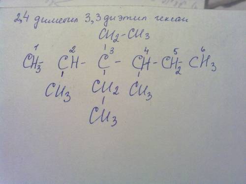 Например имеется структурная формула: 2,4 диметил, 3,3 диэтил, гексан формула гексана с6н14. я так п