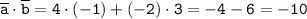 \tt \overline{a}\cdot\overline{b}=4\cdot(-1)+(-2)\cdot3=-4-6=-10