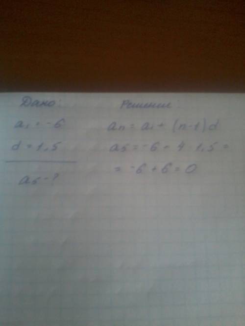 Найдите пятый член арифметической прогрессии,если a1= -6 и d = 1,5