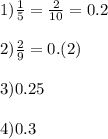 1) \frac{1}{5} = \frac{2}{10} =0.2 \\ \\ 2) \frac{2}{9} =0.(2) \\ \\ 3)0.25 \\ \\ 4)0.3