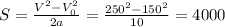 S=\frac{V^2-V^2_0}{2a}=\frac{250^2-150^2}{10}=4000