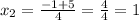 x _{2} = \frac{ - 1 + 5}{4} = \frac{4}{4} = 1