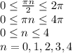 0 \leq \frac{\pi n}{2} \leq 2\pi&#10;\\\&#10;0 \leq \pi n \leq 4\pi&#10;\\\&#10;0 \leq n \leq 4&#10;\\\&#10;n=0, 1, 2, 3, 4