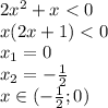 2x^2+x <0&#10;\\\&#10;x(2x+1)<0&#10;\\\&#10;x_1=0&#10;\\\&#10;x_2=- \frac{1}{2}&#10;\\\&#10;x\in (- \frac{1}{2}; 0) &#10;\\\&#10;