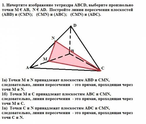 1. начертите изображение тетраэдра abcd, выберите произвольно точки м € ав, n € ad. постройте линии