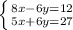 \left \{ {{8x-6y=12} \atop {5x+6y=27}} \right.