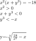 x^2(x+y^3)=-18\\&#10;x^20\\&#10;x+y^3<0\\&#10;y^3<-x\\&#10;\\&#10;&#10;y=-\sqrt[3]{\frac{18}{x^2}-x}\\&#10;