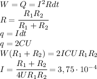 W=Q=I^2Rdt\\R=\cfrac{R_1R_2}{R_1+R_2}\\q=Idt\\q=2CU\\W(R_1+R_2)=2ICUR_1R_2\\I=\cfrac{R_1+R_2}{4UR_1R_2}=3,75\cdot 10^{-4}