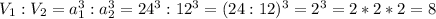 V_1:V_2=a^3_1:a^3_2=24^3:12^3=(24:12)^3=2^3=2*2*2=8