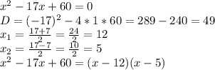 x^2-17x+60=0\\&#10;D = (-17)^2-4*1*60=289-240=49\\&#10;x_1= \frac{17+7}{2} = \frac{24}{2}=12\\&#10;x_2= \frac{17-7}{2} = \frac{10}{2}=5\\&#10;x^2-17x+60=(x-12)(x-5)