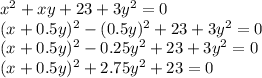 x^2+xy+23+3y^2=0\\ (x+0.5y)^2-(0.5y)^2+23+3y^2=0\\(x+0.5y)^2-0.25y^2+23+3y^2=0\\ (x+0.5y)^2+2.75y^2+23=0