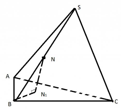 Вправильной треугольной пирамиде sabc so -высота, точка n принадлежит ребру sb, n1 -проэкция точки n
