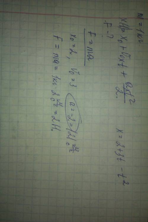 1. тело массой 1кг. движется прямолинейно согласно уравнению х=2+3t-t2 (в единицах си). какая сила д