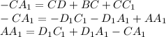 -CA_{1}=CD+BC+CC_{1}\\&#10;-CA_{1}=-D_{1}C_{1}-D_{1}A_{1}+AA_{1}\\&#10;AA_{1}=D_{1}C_{1}+D_{1}A_{1}- CA_{1}