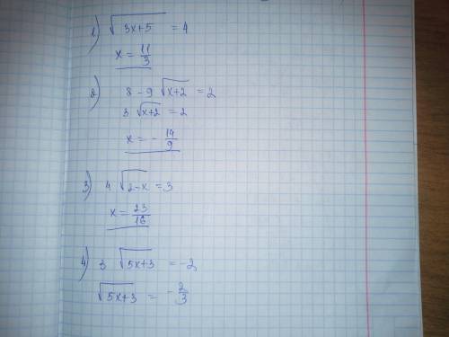 1) \sqrt 3x+5=4 2)8-9 \sqrt x+2=2 3) 4\sqrt2-x=3 4) 3 \sqrt5x+3=-2[/tex] решить надо просто не помню