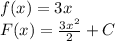 f(x)=3x\\F(x)= \frac{3x^2}{2}+C