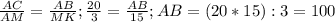 \frac{AC}{AM} = \frac{AB}{MK};&#10; \frac{20}{3} = \frac{AB}{15};&#10;AB = (20*15) : 3 = 100