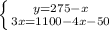 \left \{ {{ y=275-x} \atop {3x=1100-4x-50}} \right.