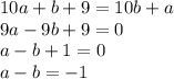 10a+b+9=10b+a \\&#10;9a-9b+9=0 \\&#10;a-b+1=0 \\&#10;a-b=-1