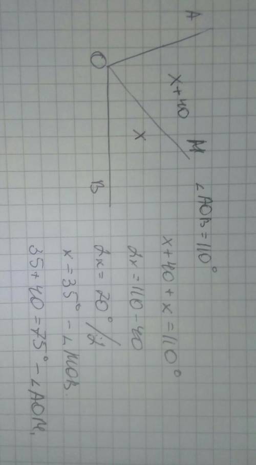 Угол aob равен 110 градусов. луч om делит угол aob на угля aom и mob. градусная сера угла ao на 40 г