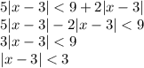 5|x-3| < 9 + 2|x-3|&#10;\\\&#10;5|x-3| -2|x-3|< 9 &#10;\\\&#10;3|x-3| < 9 &#10;\\\&#10;|x-3| < 3&#10;