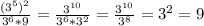 \frac{(3^5)^2}{3^6*9} = \frac{3^{10}}{3^6*3^2} = \frac{3^{10}}{3^8} =3^2=9