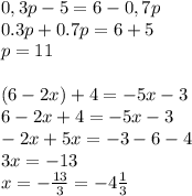 0,3p-5=6-0,7p\\ 0.3p+0.7p=6+5\\ p=11\\&#10;\\&#10;(6-2x)+4=-5x-3\\&#10;6-2x+4=-5x-3\\&#10;-2x+5x=-3-6-4\\ 3x=-13\\&#10;x= -\frac{13}{3}=-4 \frac{1}{3}\\&#10;\\&#10;&#10;