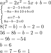 ax^3 - 2x^2 - 5x + b = 0 &#10;\\\&#10; \left \{ {a - 2 - 5 + b = 0 } \atop {-8a - 8 +10 + b = 0 }} \right. &#10;\\\&#10; \left \{ {a =7-b } \atop {8a - b-2 = 0 }} \right. &#10;\\\&#10;8(7-b)-b-2=0&#10;\\\&#10;56-8b-b-2=0&#10;\\\&#10;-9b=-54&#10;\\\&#10;b=6&#10;\\\&#10;a=7-6=1