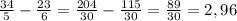 \frac{34}{5} - \frac{23}{6} = \frac{204}{30} - \frac{115}{30} = \frac{89}{30} = 2,96