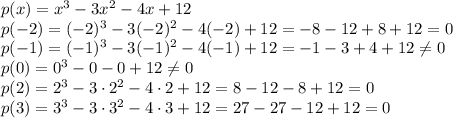 p(x)=x^3-3x^2-4x+12&#10;\\\&#10;p(-2)=(-2)^3-3(-2)^2-4(-2)+12=-8-12+8+12=0&#10;\\\&#10;p(-1)=(-1)^3-3(-1)^2-4(-1)+12=-1-3+4+12 \neq 0&#10;\\\&#10;p(0)=0^3-0-0+12 \neq 0&#10;\\\&#10;p(2)=2^3-3\cdot2^2-4\cdot2+12=8-12-8+12=0&#10;\\\&#10;p(3)=3^3-3\cdot3^2-4\cdot3+12=27-27-12+12=0