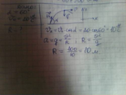 Тело брошено с поверхности земли под углом 60 градусов к горизонту со скоростью 20 м/с. определите р
