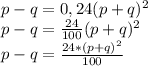 p-q=0,24(p+q)^2\\\&#10;p-q=\frac{24}{100}(p+q)^2\\\&#10;p-q=\frac{24*(p+q)^2}{100}