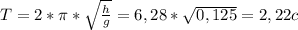 T = 2* \pi * \sqrt{ \frac{h}{g} } = 6,28 * \sqrt{0,125} = 2,22 c