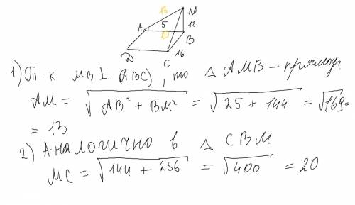 Свершины b прямоугольника abcd проведено перпендикуляр bm к его плоскости. ab = 5 см, bc = 16 см, bm