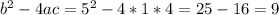 b^{2} - 4ac = 5^{2} - 4 * 1 * 4 = 25 - 16 = 9