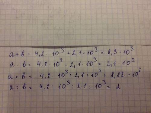 Вычислите а+б, а-б, а*б, а: б, если: a=4,2 * 10 в третьей степени б=2,1 умноить на 10 в третьей степ