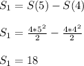 S_1=S(5)-S(4)&#10;\\\\S_1=\frac{4*5^2}{2}-\frac{4*4^2}{2}&#10;\\\\S_1=18