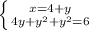 \left \{ {{x=4+y} \atop {4y+ y^{2} + y^{2} =6}} \right.