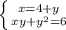 \left \{ {{x=4+y} \atop {xy+ y^{2} =6}} \right.