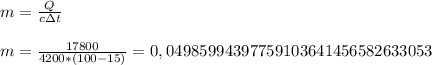 m=\frac{Q}{c\з t} \\\\m=\frac{17800}{4200*(100-15)}=0,04985994397759103641456582633053